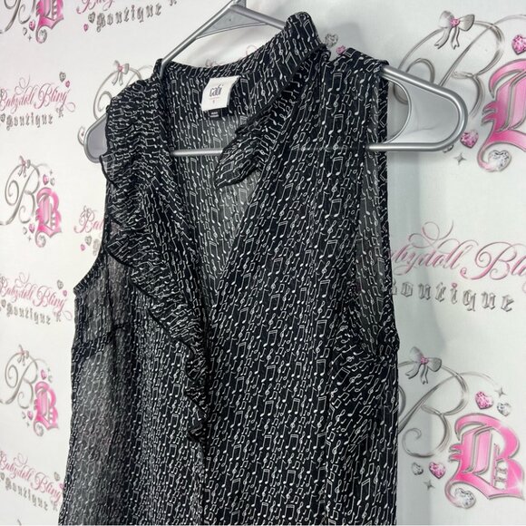 CAbi tank top music π΅ notes ruffle Black and White Sleeveless Blouse - Picture 3 of 8